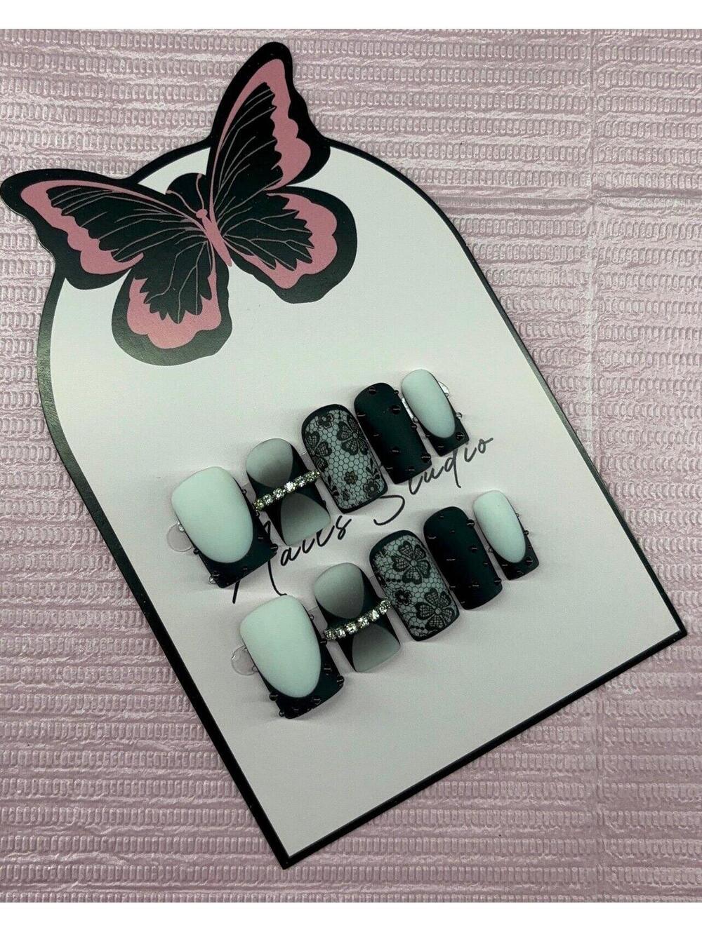 Short square Press on nails black matte lace aura French tips 3d gel milky white